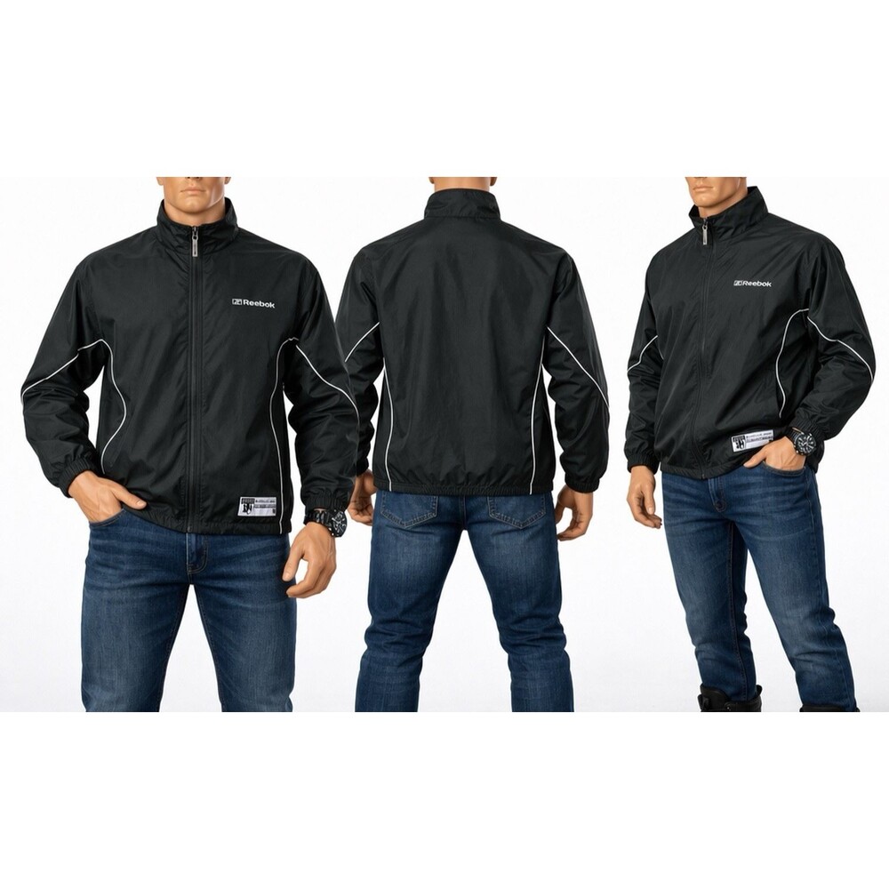 Reebok Jacket Men's 2XL  Black Windbreaker Full Zip  Pockets Sports gym runner